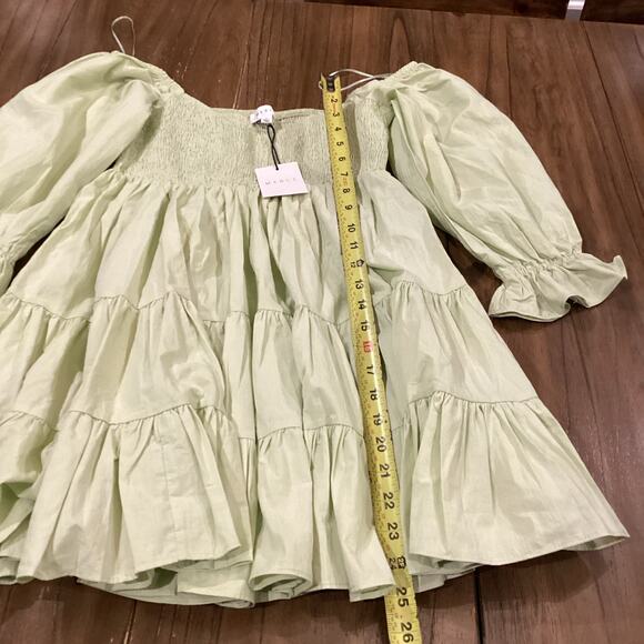 Mable Emory Smocked Ruffle Babydoll cotton mini dress NWT light green olive S - Picture 7 of 10